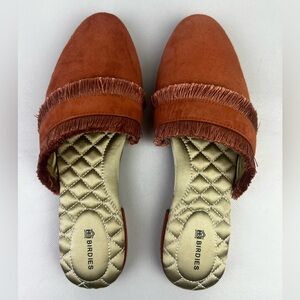Birdies Orange Suede Fringe Slip On Closed Toe Flat Ani Mules Sandals Size 6.5